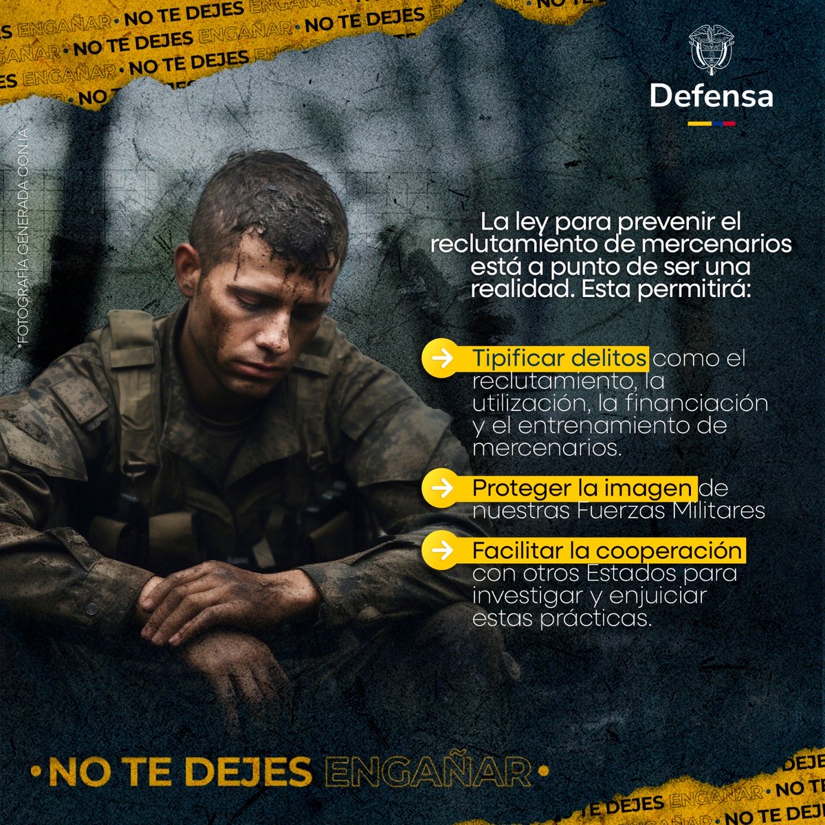 PedroSanchezCol's tweet image. Ningún colombiano debería combatir en conflictos armados ajenos ni prestarse para socavar la integridad territorial de otro Estado. El mercenarismo no solo acaba con sueños e ilusiones, sino que también atenta directamente contra la imagen de nuestras @FuerzasMilCol y de nuestro…