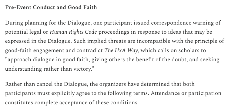 During planning, one participant issued correspondence warning of potential legal or Human Rights Code proceedings in response to ideas that may be expressed.
As a result, both participants have signed an event agreement. <a href="/_CryMiaRiver/">Mia Hughes</a> <a href="/MorganeOgerBC/">Morgane Oger</a>
laurierhxa.substack.com/p/event-statem…