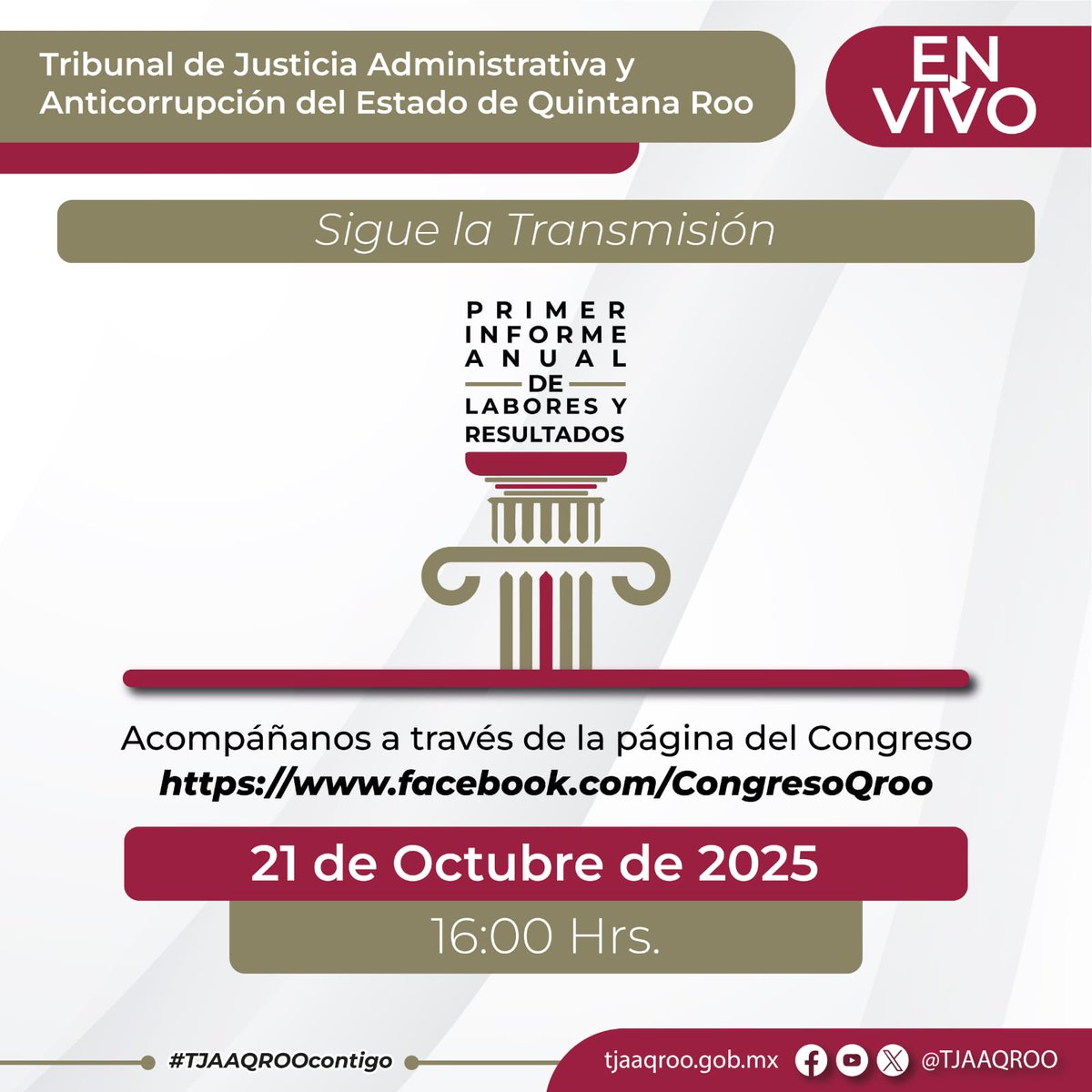 Sigue la transmisión #EnVivo a través de la página de Facebook del <a href="/CongresoQRoo/">Congreso del Estado de Quintana Roo</a>, del Primer Informe Anual de Labores y Resultados del <a href="/TJAAQRoo/">#TJAAQRoo</a> ⚖️