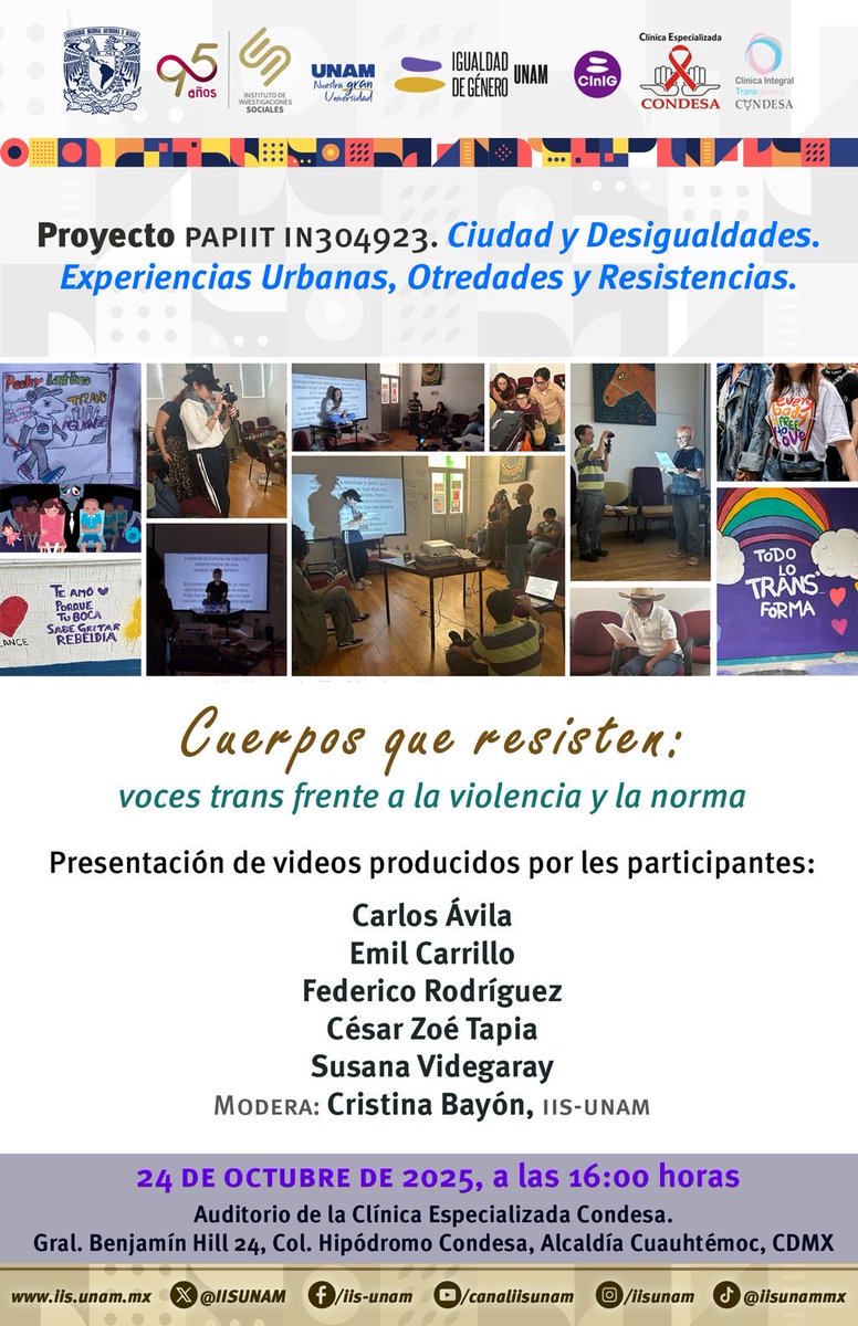 El viernes 24 de octubre a las 4 p.m. Clínica Especializada Condesa te invita a la presentación de videos “Cuerpos que resisten: voces trans frente a la violencia y la norma". ¡Acompáñanos a celebrar las voces trans que transforman el mundo!