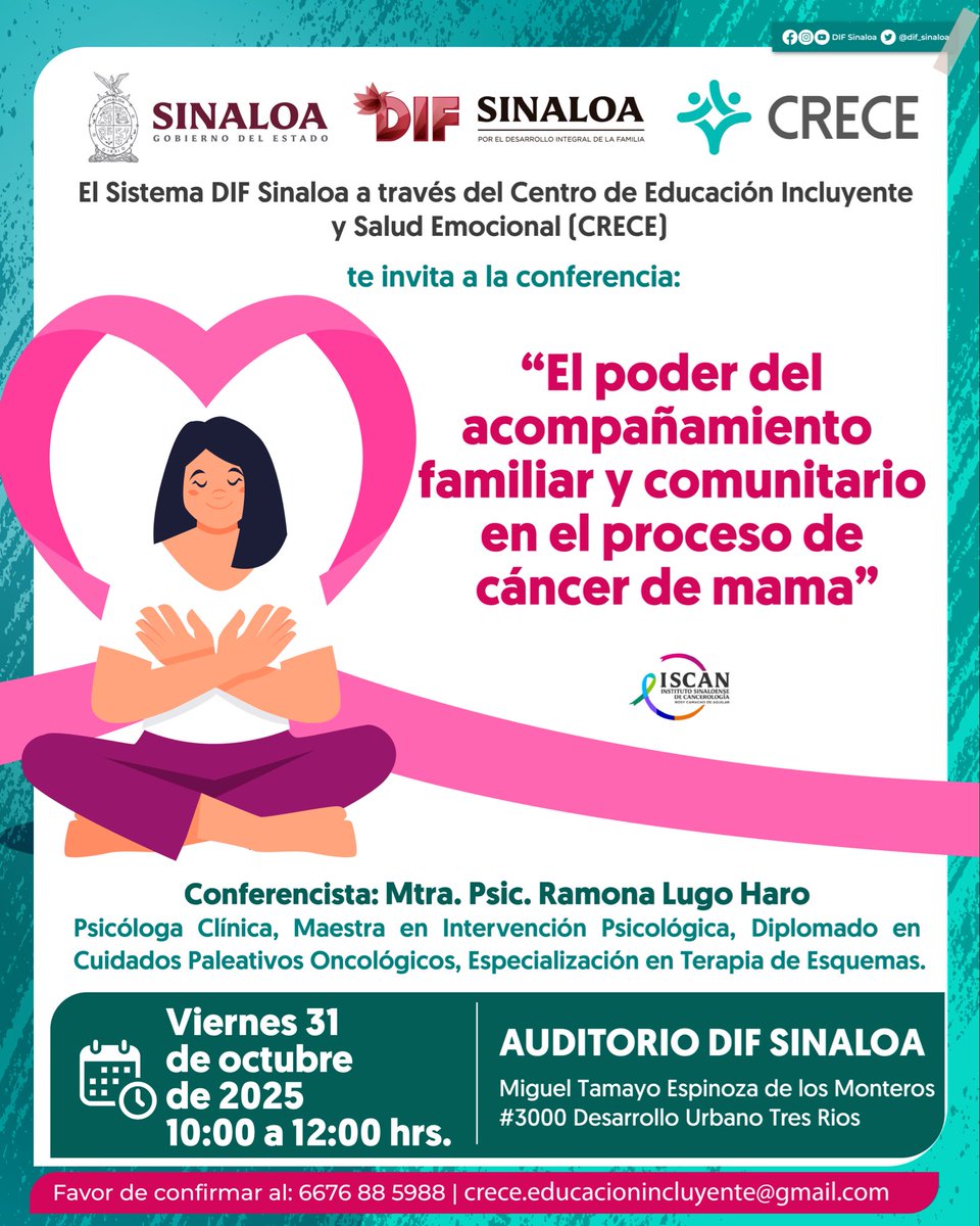 Te invitamos a la conferencia “El poder del acompañamiento familiar y comunitario en el proceso de cáncer de mama”. 🫶🏻✨

Un espacio para aprender, compartir y fortalecer la solidaridad y el cuidado en cada etapa. 🩷 #DIFSinaloaContigoSiempre #ContraElCáncerYoActúo