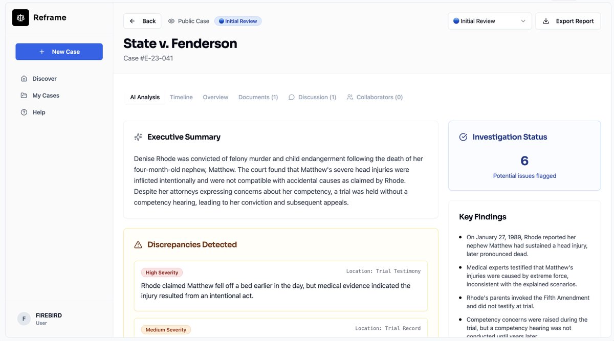 firebirdhq's tweet image. I&apos;ve had this idea in my head for a while so I had to build it. 

I love Sherlock Holmes. True crime is huge.
And there are people behind bars who shouldn&apos;t be.

So I started building REFRAME - a social platform that uses AI and the collective intelligence of citizen…