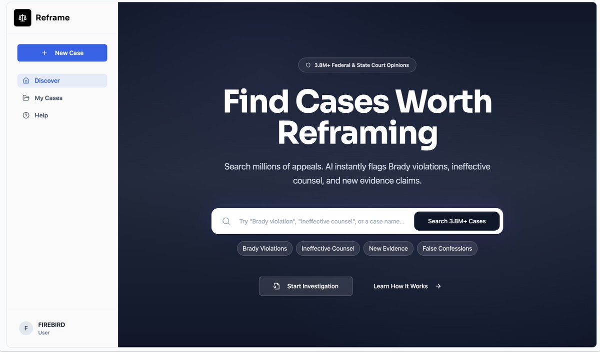 firebirdhq's tweet image. I&apos;ve had this idea in my head for a while so I had to build it. 

I love Sherlock Holmes. True crime is huge.
And there are people behind bars who shouldn&apos;t be.

So I started building REFRAME - a social platform that uses AI and the collective intelligence of citizen…