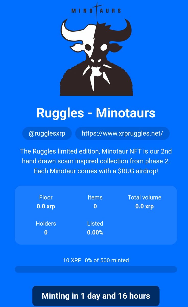 Our Minotaurs mint day is fast approaching!

Save the date:
xrp.cafe/collection/min…

If you hate bulls... checkout our owl collection - NocturnOwls

xrp.cafe/collection/noc…

#XRP #XRPL #XRPLcommunity #NFTs