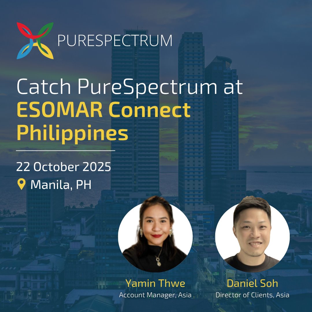 purespectrum_'s tweet image. PureSpectrum is heading to Manila for ESOMAR Connect Philippines! Meet Yamin Thwe and Daniel Soh on 22 October to talk all things insights and innovation.
#PureSpectrum #ESOMARConnect