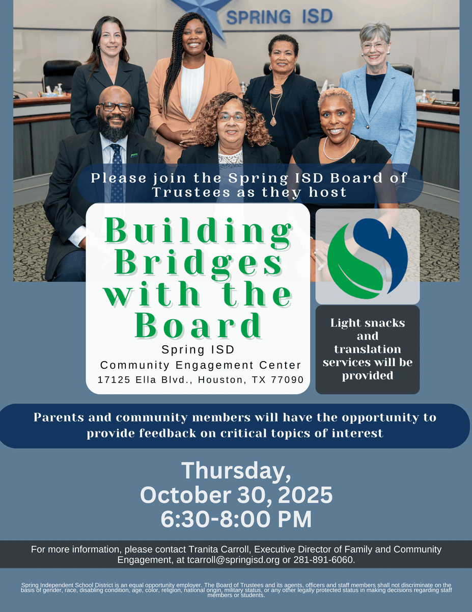 SpringISD's tweet image. The Spring ISD Board invites you to “Building Bridges with the Board” on Oct. 30 from 6:30–8 p.m. at the Family and Community Engagement Center. This event lets you share feedback and connect with district leaders! @SISD_CoA @SpringISD_FACE