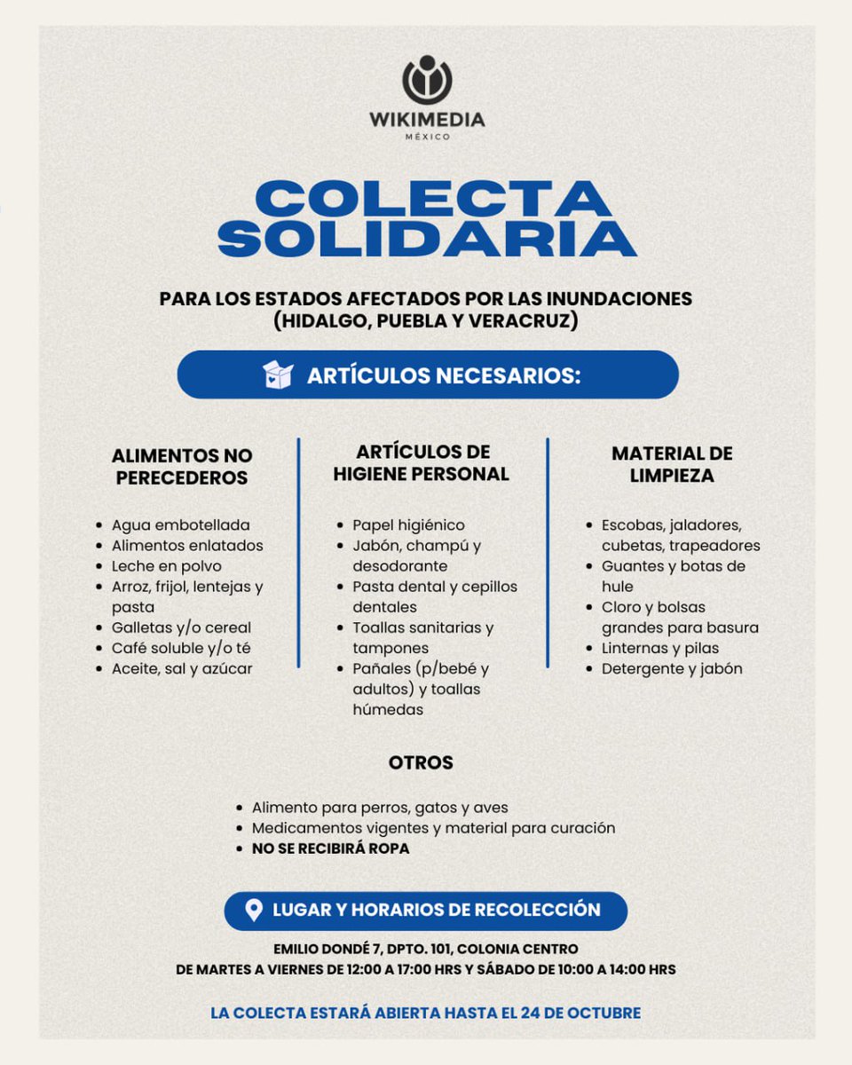 La solidaridad va más allá de lo digital.

Del 16 al 24 de octubre podrás donar artículos de higiene personal, material de limpieza y alimentos para ayudar a los estados afectados por las inundaciones.