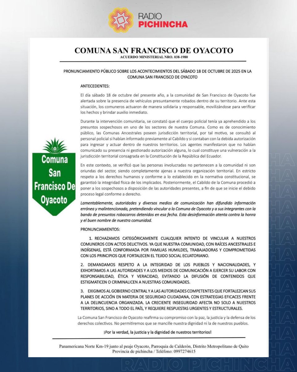 🔴 #ATENCIÓN | La Comuna San Francisco de Oyacoto rechazó cualquier intento de vincular a sus comuneros con actos delictivos, tras los hechos ocurridos el 18 de octubre de 2025. Según su pronunciamiento, la comunidad actuó de forma solidaria ante la alerta de vehículos