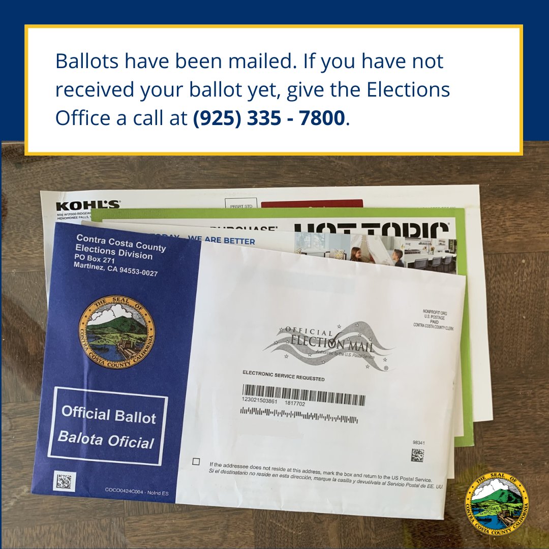 If you are a registered voter in Contra Costa County and you have not received your Ballot in the mail for the November 4, 2025 Statewide Special Election, please call our office.