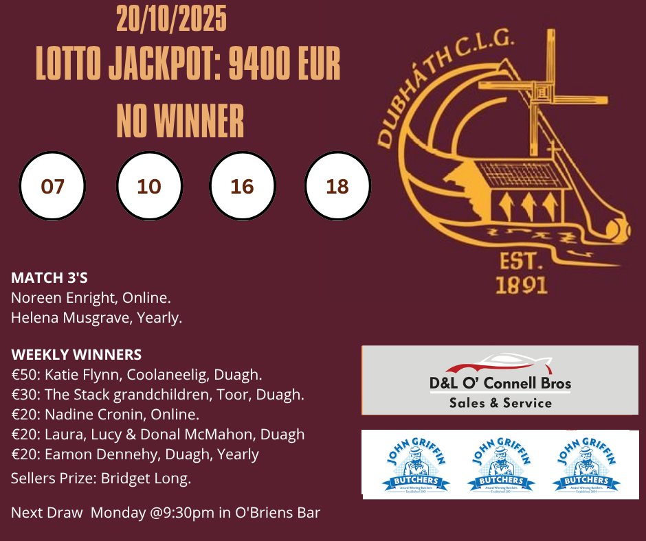 Lotto Results 20/10/25
No winner 
Thank you to our sponsors 
D&amp;L O'Connell Bros
John Griffin Butchers Listowel