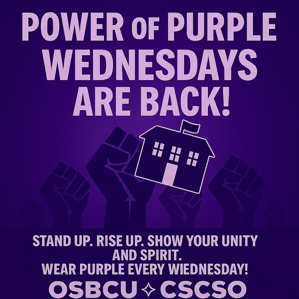 💜 Purple Power is BACK!
This Wednesday, OSBCU education workers, allies, and friends are turning Ontario purple.
Wear it, share it, and show your solidarity for strong public education and fair working conditions.
#PowerOfPurple #OSBCU