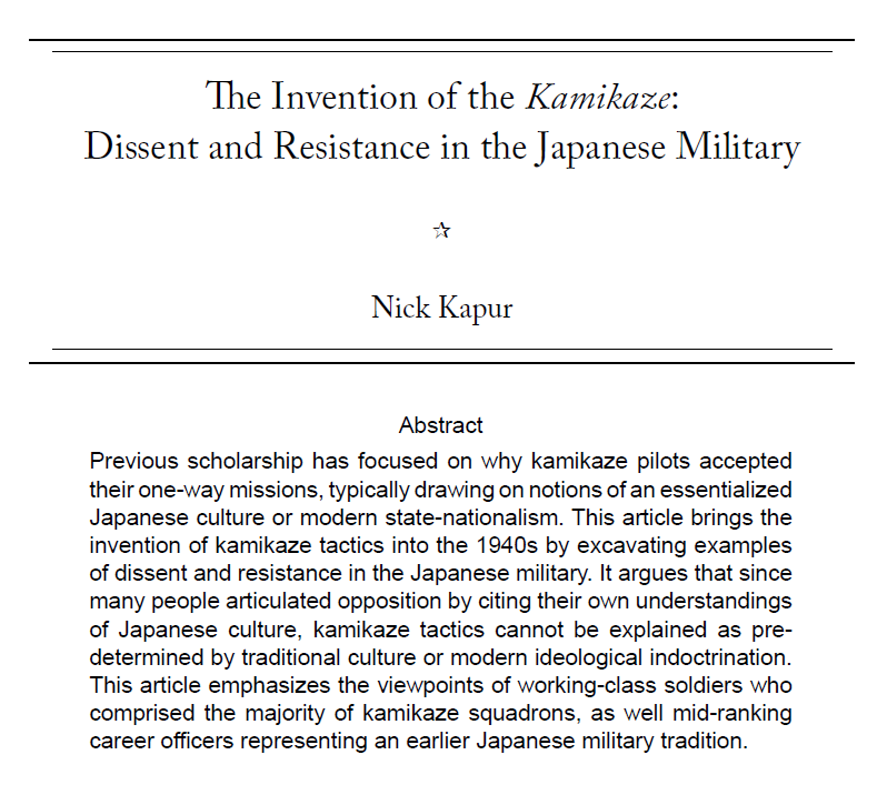 Thrilled to announce the publication of my article "The Invention of the Kamikaze: Dissent and Resistance in the Japanese Military" in the October issue of the Journal of Military History!
