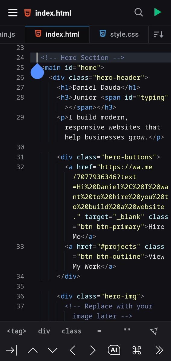 DanielDaudaTech's tweet image. Day 20 Of Learning Coding With A Phone ✨

Sorry guys For Skipping Days Off, But I Tried My Best and Learn And Now see I build My Personal portfolio website...

This is just the beginning, I&apos;ll update the website once I learn other languages...

See you tomorrow...