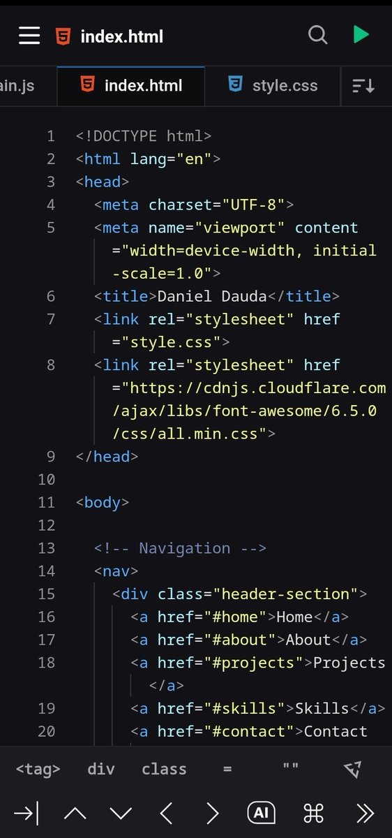 DanielDaudaTech's tweet image. Day 20 Of Learning Coding With A Phone ✨

Sorry guys For Skipping Days Off, But I Tried My Best and Learn And Now see I build My Personal portfolio website...

This is just the beginning, I&apos;ll update the website once I learn other languages...

See you tomorrow...