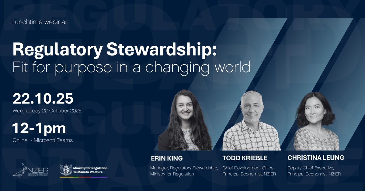 Tomorrow: NZIER and the Ministry for Regulation will host a lunchtime webinar: 

Regulatory Stewardship – fit for purpose in a changing world  

Wednesday, 22 October | 12–1pm 

Register here: ap1.hubs.ly/y0l5Zn0