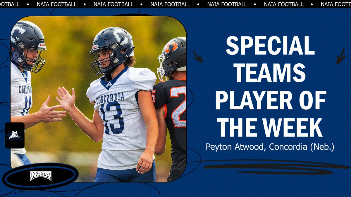 NAIA's tweet photo. 🏈
@cunebulldogs kicker Peyton Atwood perfect on 6 kicks, earning #NAIAFootball Special Teams Player of the Week
➡️https://t.co/xJkYMicyIw
#TheRightWayToPlay https://t.co/4TAs7ueudc