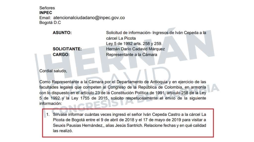 1. En agosto enviamos solicitud de información al INPEC para que informara  cuántas veces ingresó el senador Iván Cepeda a La Picota de Bogotá entre el 9 de abril de 2018 y el 17 de mayo de 2019 para visitar a Seuxis Pausias Hernández, alias Jesús Santrich