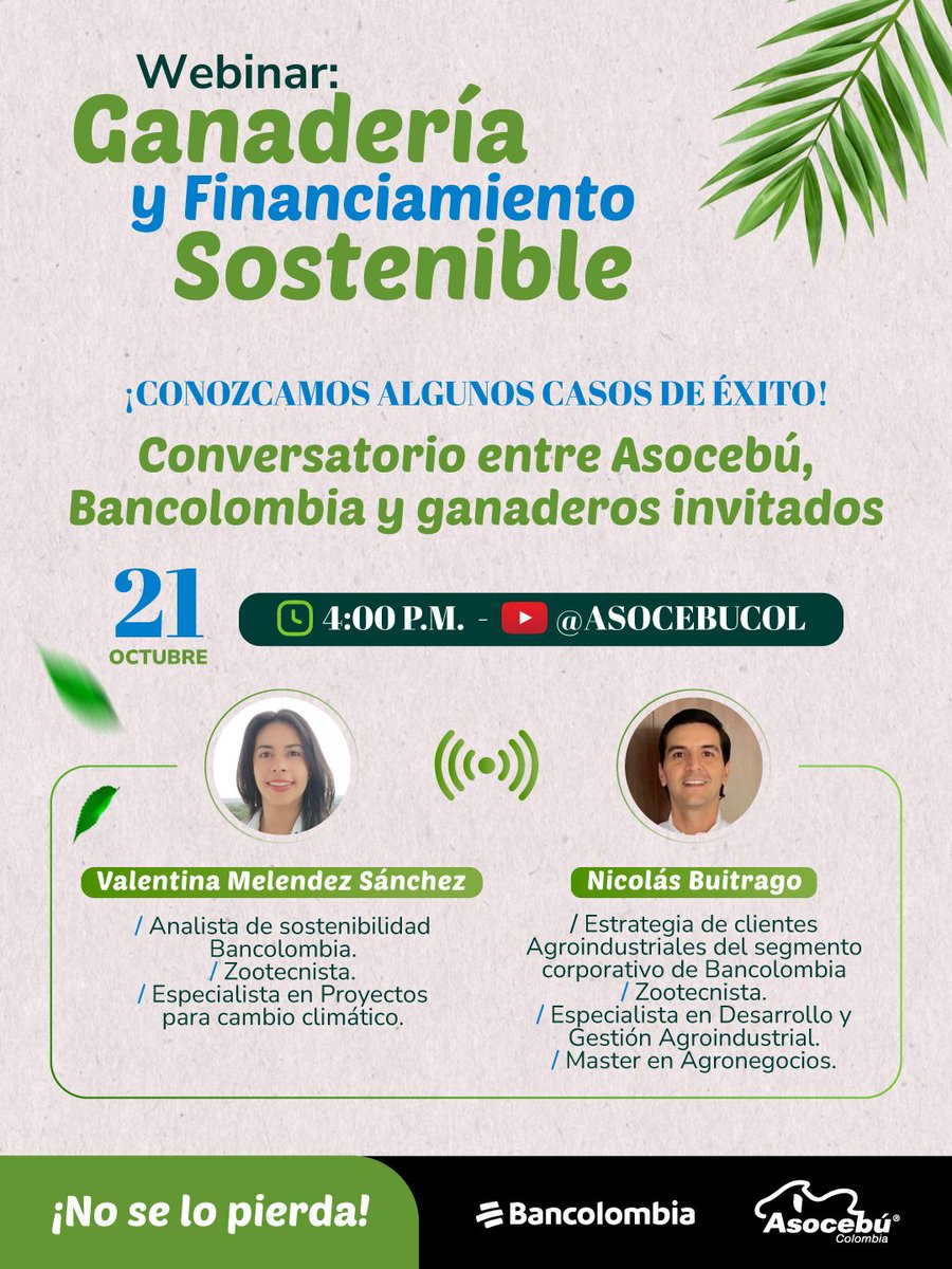 🌱✨ ¡Continuamos con nuestro webinar “Ganadería y financiamiento sostenible”!

Mañana a las 4:00 p. m. conversaremos junto a expertos de Bancolombia sobre cómo la sostenibilidad impulsa el desarrollo del campo colombiano. 🐄💚