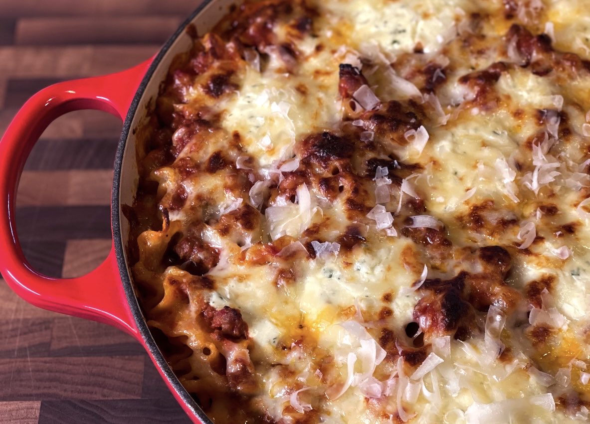 Meat, pasta, sauce, and cheese