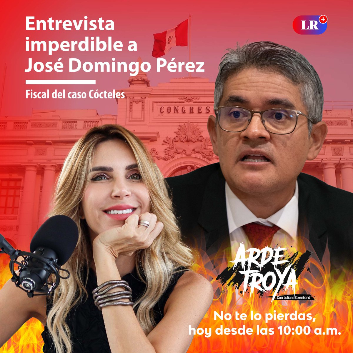 🚨 Mañana a las 10:00 a.m. en #ArdeTroya | <a href="/julianaoxenford/">Juliana Oxenford</a> entrevista al fiscal José Domingo Pérez sobre el fallo del Tribunal Constitucional que archiva la investigación del caso Cócteles contra Keiko Fujimori.

¡No te lo puedes perder! 🔥
📺 youtube.com/live/PqK3gk4D0…