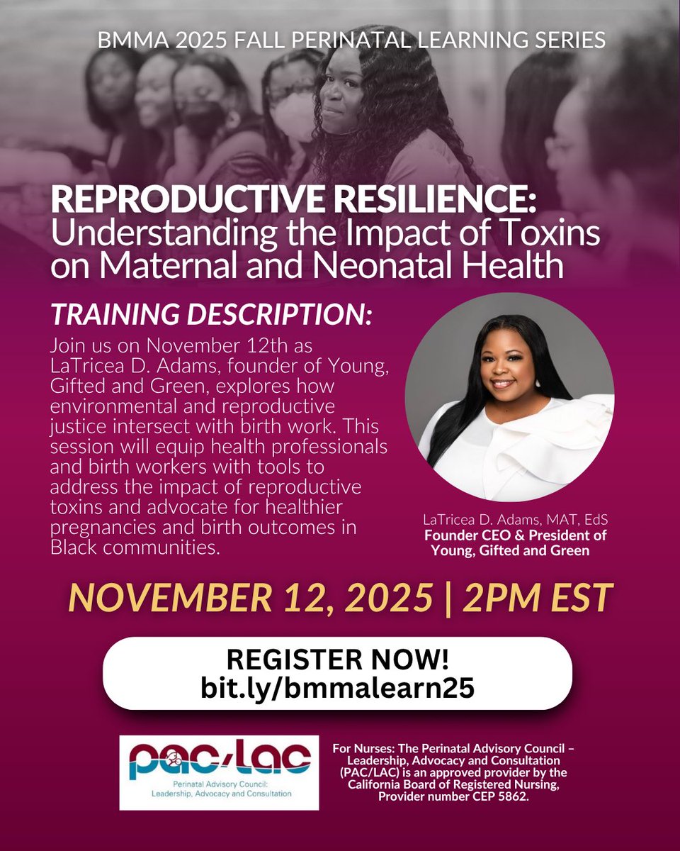 BlkMamasMatter's tweet image. ✨Registration is OPEN for BMMA’s 2025 Fall Perinatal Learning Series!✨

Join us this fall for a virtual learning experience open to ALL practitioners, advocates, &amp;amp; stakeholders committed to improving maternal, perinatal, &amp;amp; environmental health.