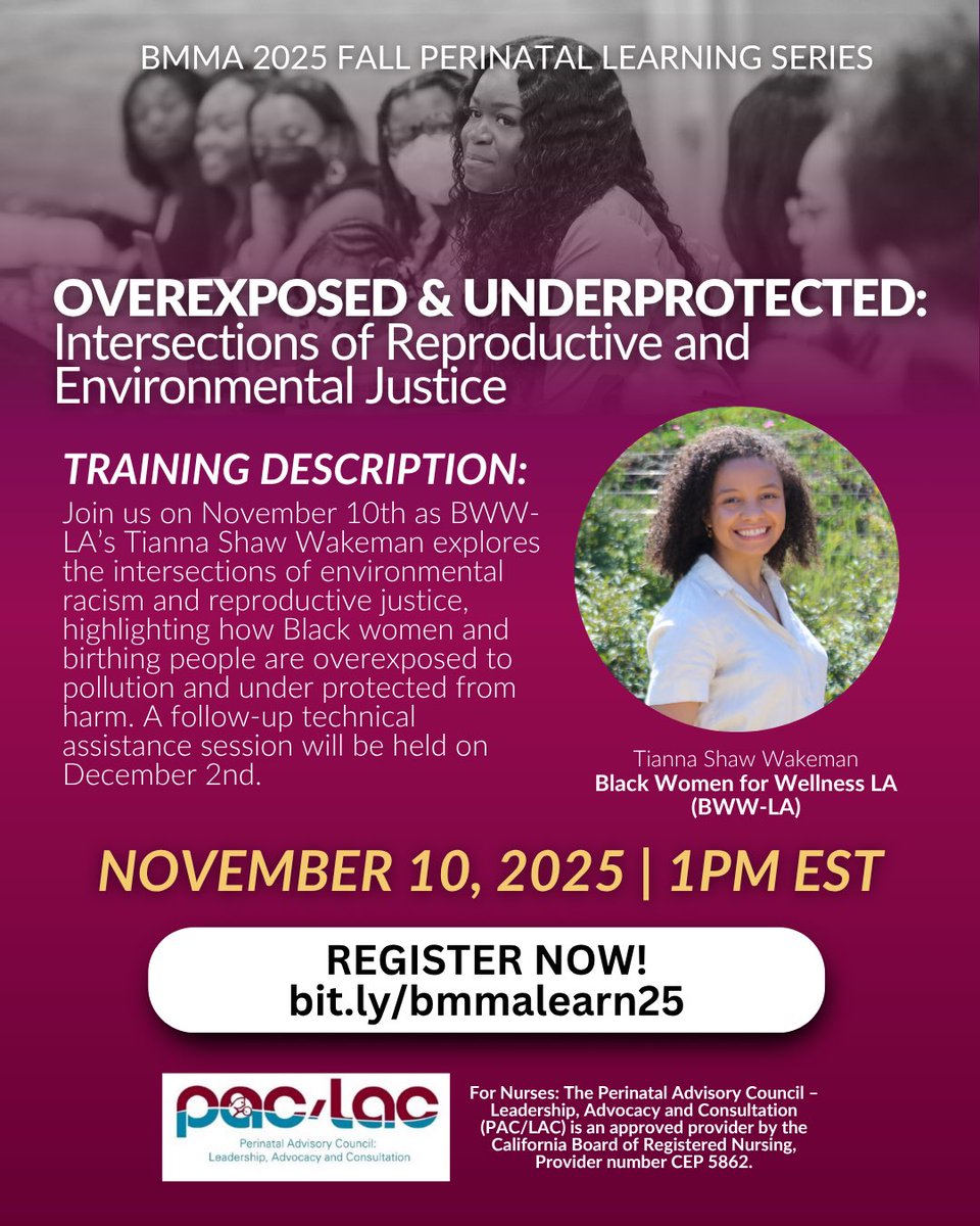BlkMamasMatter's tweet image. ✨Registration is OPEN for BMMA’s 2025 Fall Perinatal Learning Series!✨

Join us this fall for a virtual learning experience open to ALL practitioners, advocates, &amp;amp; stakeholders committed to improving maternal, perinatal, &amp;amp; environmental health.