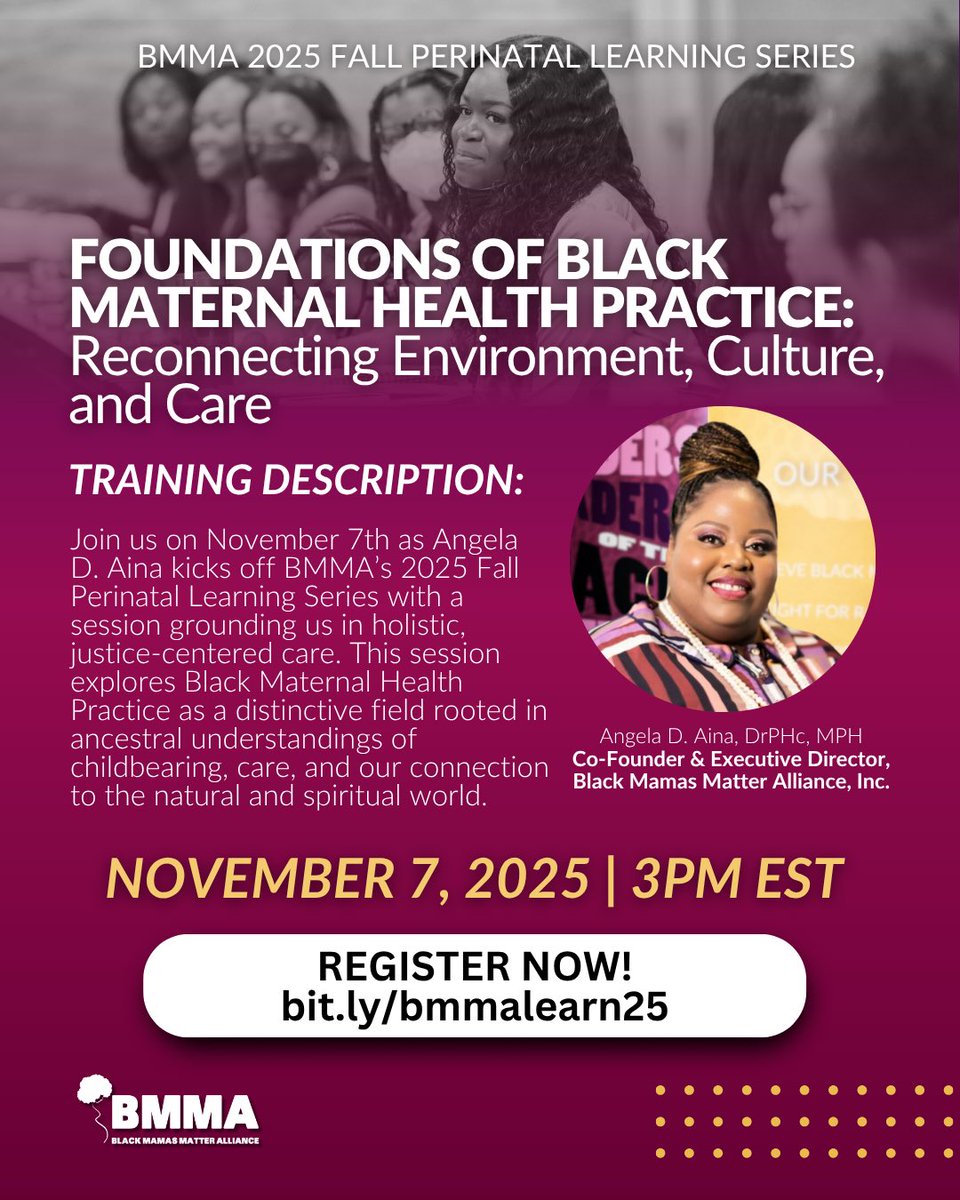 BlkMamasMatter's tweet image. ✨Registration is OPEN for BMMA’s 2025 Fall Perinatal Learning Series!✨

Join us this fall for a virtual learning experience open to ALL practitioners, advocates, &amp;amp; stakeholders committed to improving maternal, perinatal, &amp;amp; environmental health.