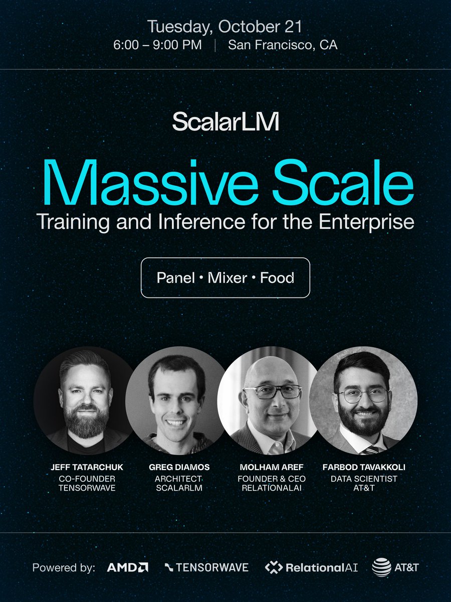 tensorwave's tweet image. Join the TensorWave crew at @HockeyStackHQ during Open Source AI Week this Tuesday for great conversations, networking, food, and drinks.
Save your spot 👉 luma.com/yqp3c1jn?utm_s…