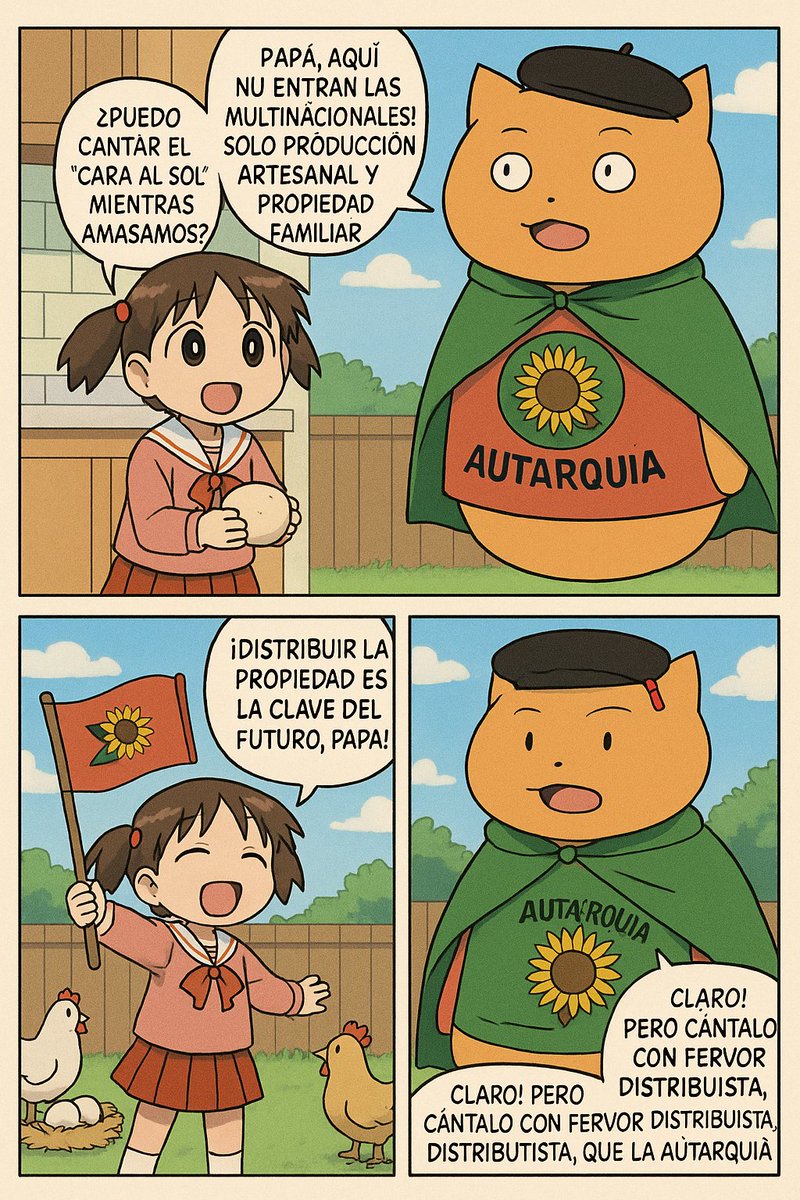 GoldenJacobo3's tweet image. Me aburrí y le pedí a la IA que hiciera a Chiyo y su padre haciendo apología al Distributismo.