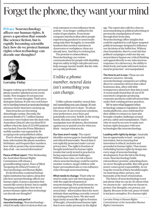 How do we protect human rights when technology can reach into our mind? 

Neurotechnology has extraordinary potential, but also raises profound ethical &amp; legal questions.

My op-ed in today's <a href="/FinancialReview/">Financial Review</a> explores the opportunities &amp; risks ahead of tomorrow's release of the