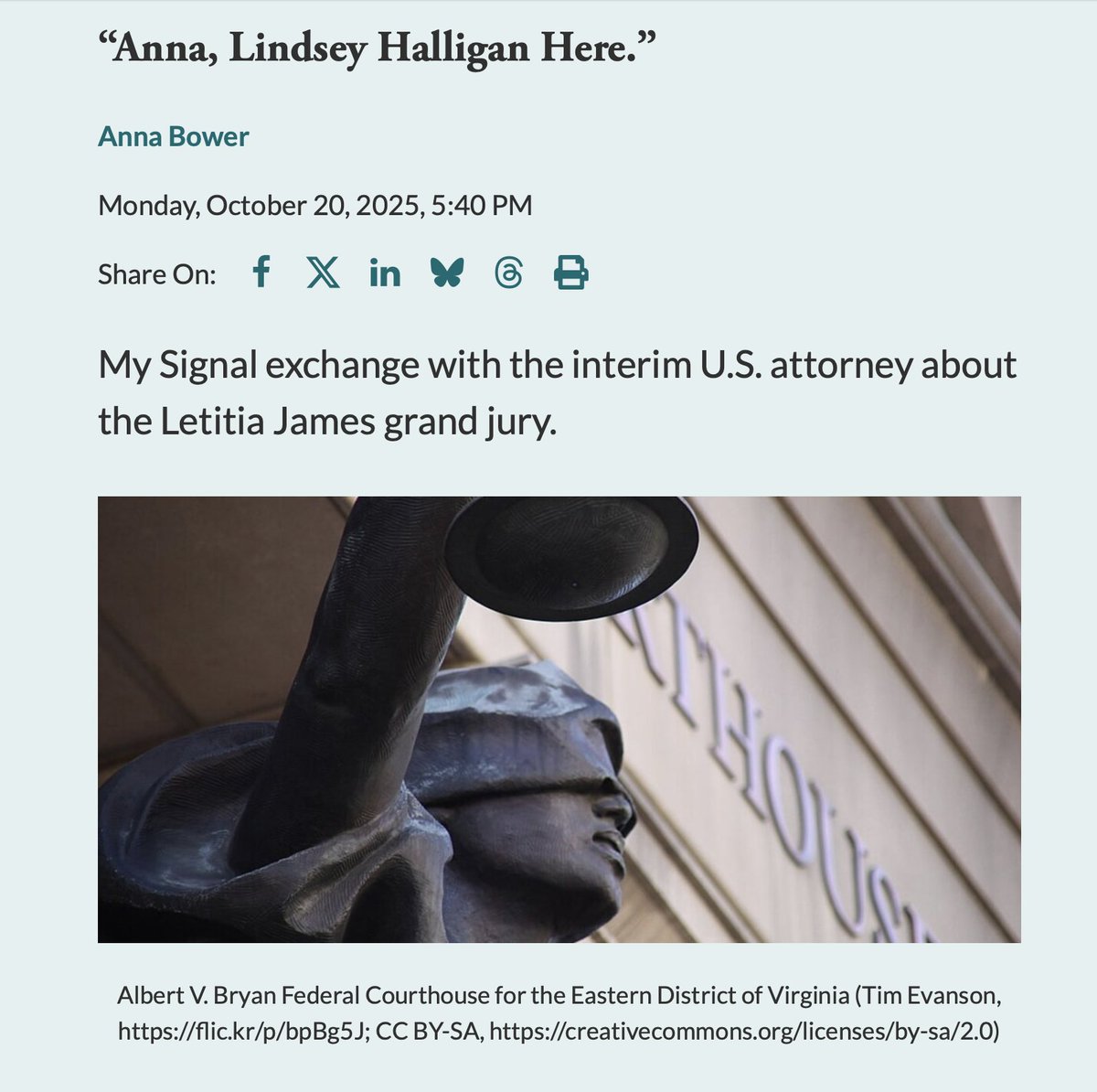 EXCLUSIVE: One Saturday afternoon in October, my phone lit up with a notification.  

I glanced down at the message.  

“Anna, Lindsey Halligan here,” it began.  

So began my text exchange with the top prosecutor for the Eastern District of Virginia. 

lawfaremedia.org/article/anna--…