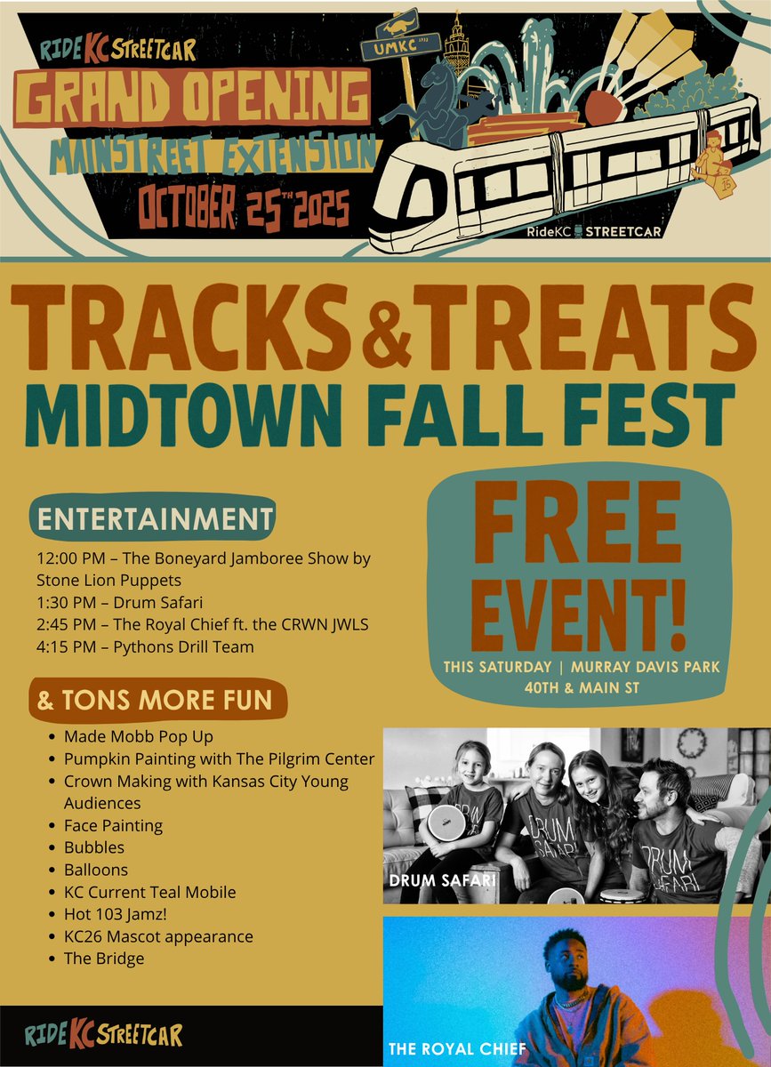 kcstreetcar's tweet image. We&apos;ve got your weekend covered, starting with the #kcstreetcar Main St Ext Grand opening Community Celebration Fri, 10/24 at the @UMKC stop. You won&apos;t want to miss this uniquely Kansas City Drone Show paired up with/ amazing live music, art &amp;amp; dance. kcstreetcar.org/grand-opening/