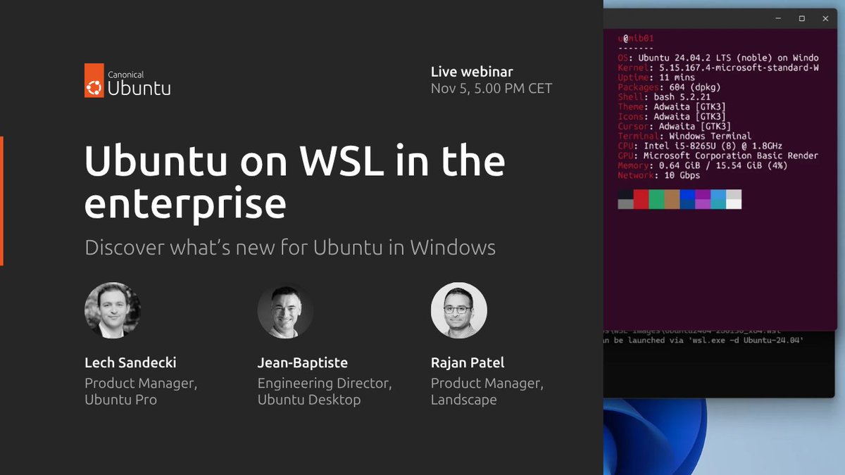 ubuntu's tweet image. Learn how Ubuntu can be used in the enterprise within the Windows Subsystem for Linux (WSL), providing a secure, compliant, and fully supported developer environment. 
This talk on Nov 5 will cover: 
• What is Ubuntu on WSL, and why it's the optimal choice for organizations and…