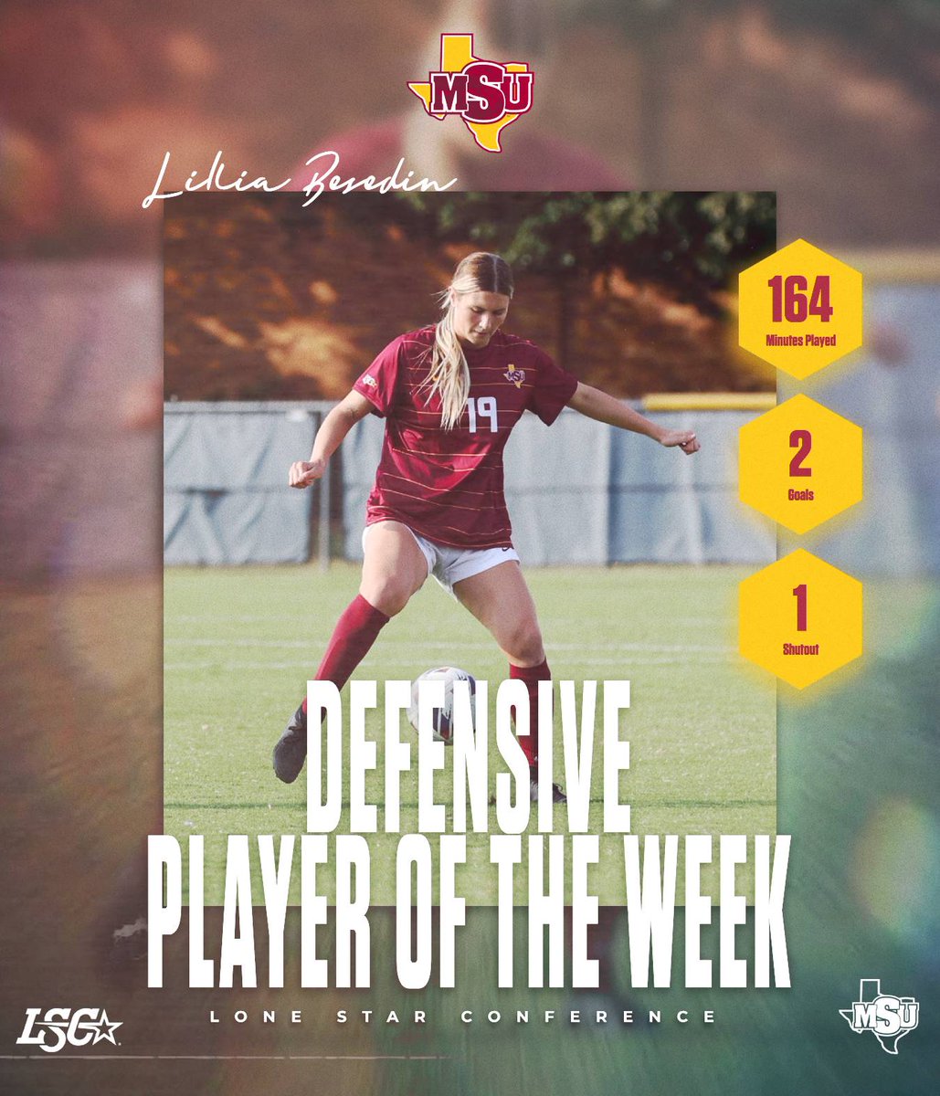 ⚽️ POTW |<a href="/MSUTXWSoc/">Midwestern State Women’s Soccer</a> | Lillia Besedin has been named Lone Star Conference Defensive Player of the Week, helping the team maintain its 11-match unbeaten run. The senior scored twice on headed set-pieces, while screening the MSU backline to shutout Angelo State.  #StangGang