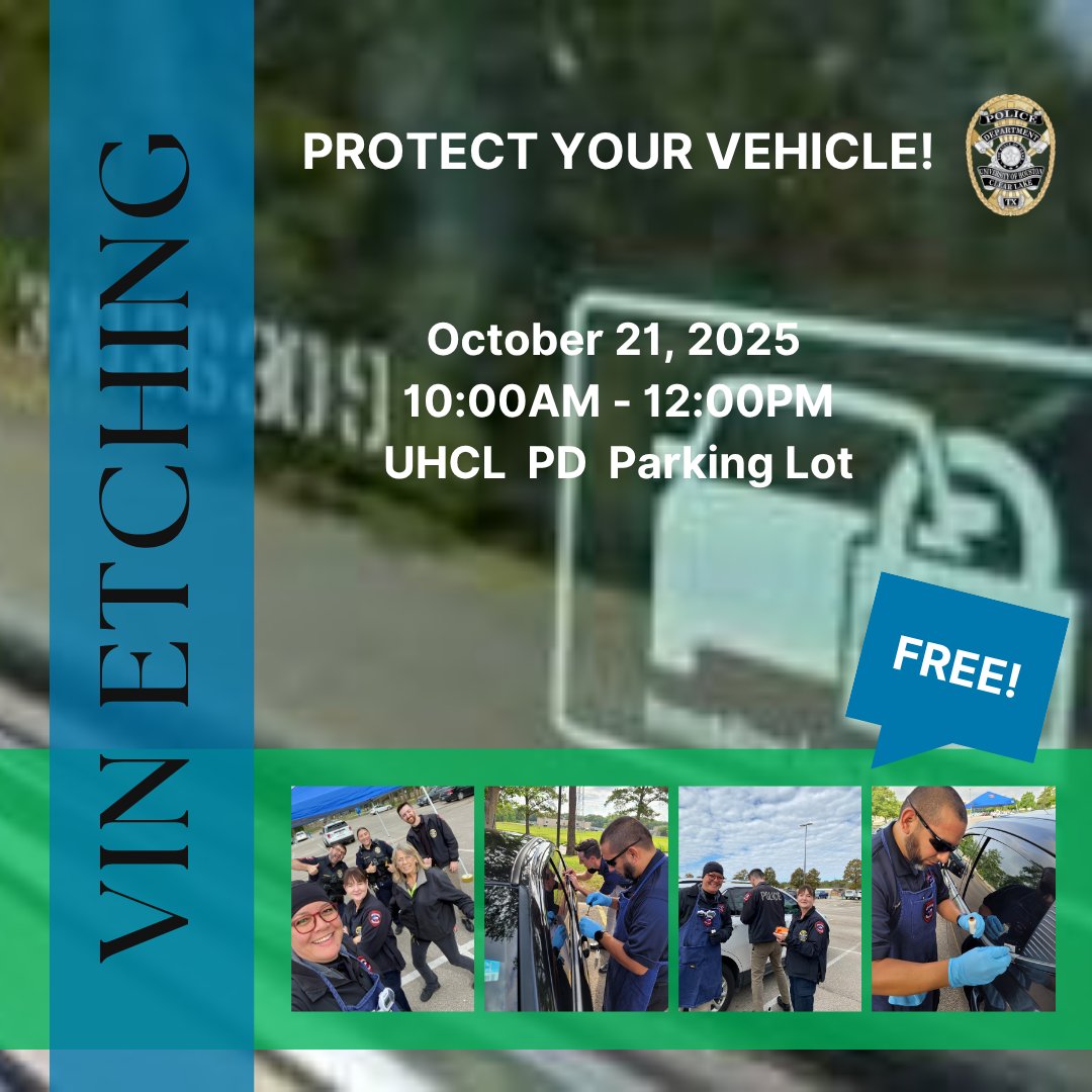 UHCL Police (@uhclpd) on Twitter photo Help protect your vehicle from theft by receiving a FREE Vehicle Identification Number (VIN) etching tomorrow! Help protect your vehicle from theft by receiving a FREE Vehicle Identification Number (VIN) etching tomorrow!