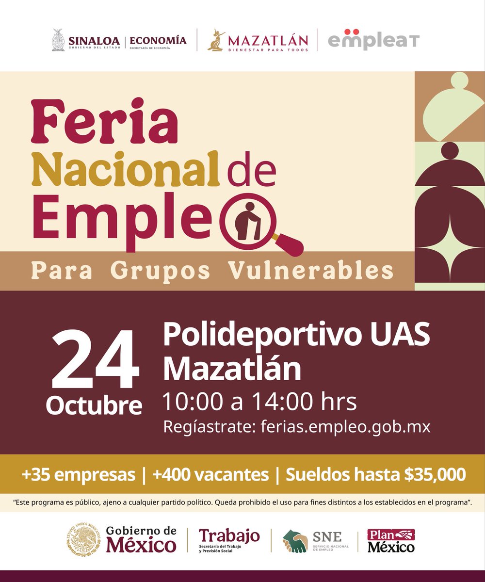 ¡La oportunidad que estabas esperando!
Este 24 de octubre llega la Feria Nacional de Empleo para Grupos Vulnerables a Mazatlán.

🏢 Más de 35 empresas
💼 Más de 400 vacantes
💰 Sueldos de hasta $35,000

¡Comparte esta info con quien lo necesite!