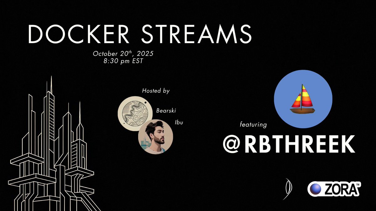 dockerxbt's tweet image. Docker will be streaming on @zora tonight at 8:30pm EST.
@ibuprod and @0xBearski will be chatting with @rbthreek.
Link below.