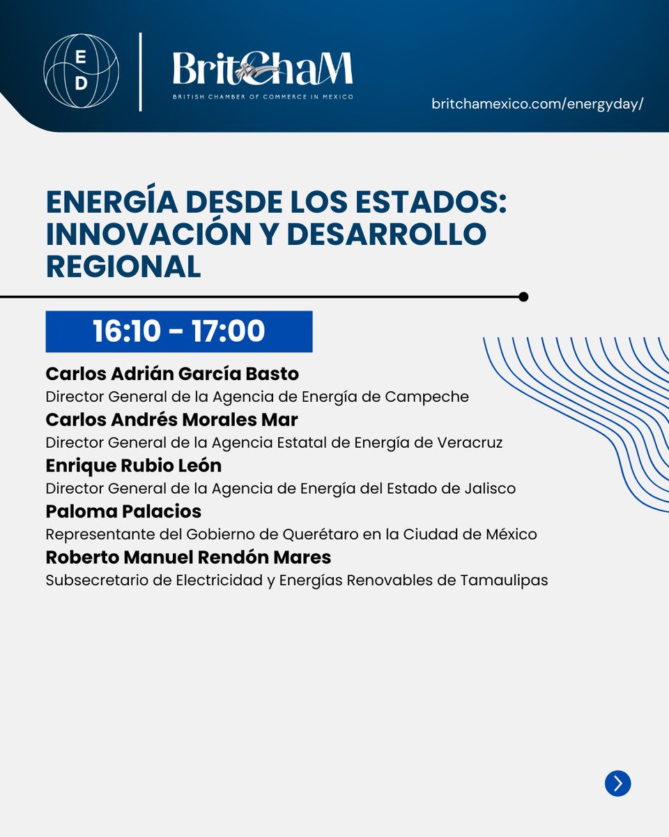 ⚡ Energy Day 2025
🌍 El futuro energético de México se construye aquí.

Este 23 de octubre en el Papalote, más de 30 voces impulsarán la cooperación, innovación y sostenibilidad del sector.

👉 Últimos lugares: britchamexico.com/energyday/

#EnergyDay2025 #EnergíaMéxico #Networking