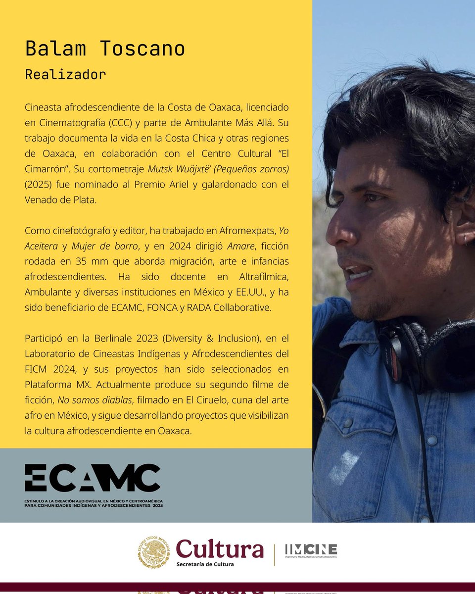 📣 ¿Quieres conocer las experiencias de los ganadores del #ECAMC y los procesos de la convocatoria 2026? 

Balam Toscano dará el primer conversatorio: “El cine de los pueblos originarios y afrodescendientes”.

En vivo desde nuestros perfiles de Facebook y Youtube.

22 oct | 17 h