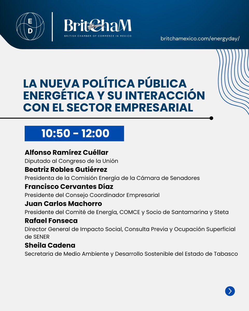⚡ Energy Day 2025
🌍 El futuro energético de México se construye aquí.

Este 23 de octubre en el Papalote, más de 30 voces impulsarán la cooperación, innovación y sostenibilidad del sector.

👉 Últimos lugares: britchamexico.com/energyday/

#EnergyDay2025 #EnergíaMéxico #Networking