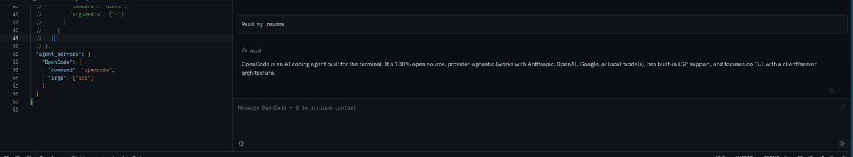 rekram11's tweet image. OpenCode now supports ACP thanks to @josephschmitt (v0.15.10 and up)
This is me using it in zed