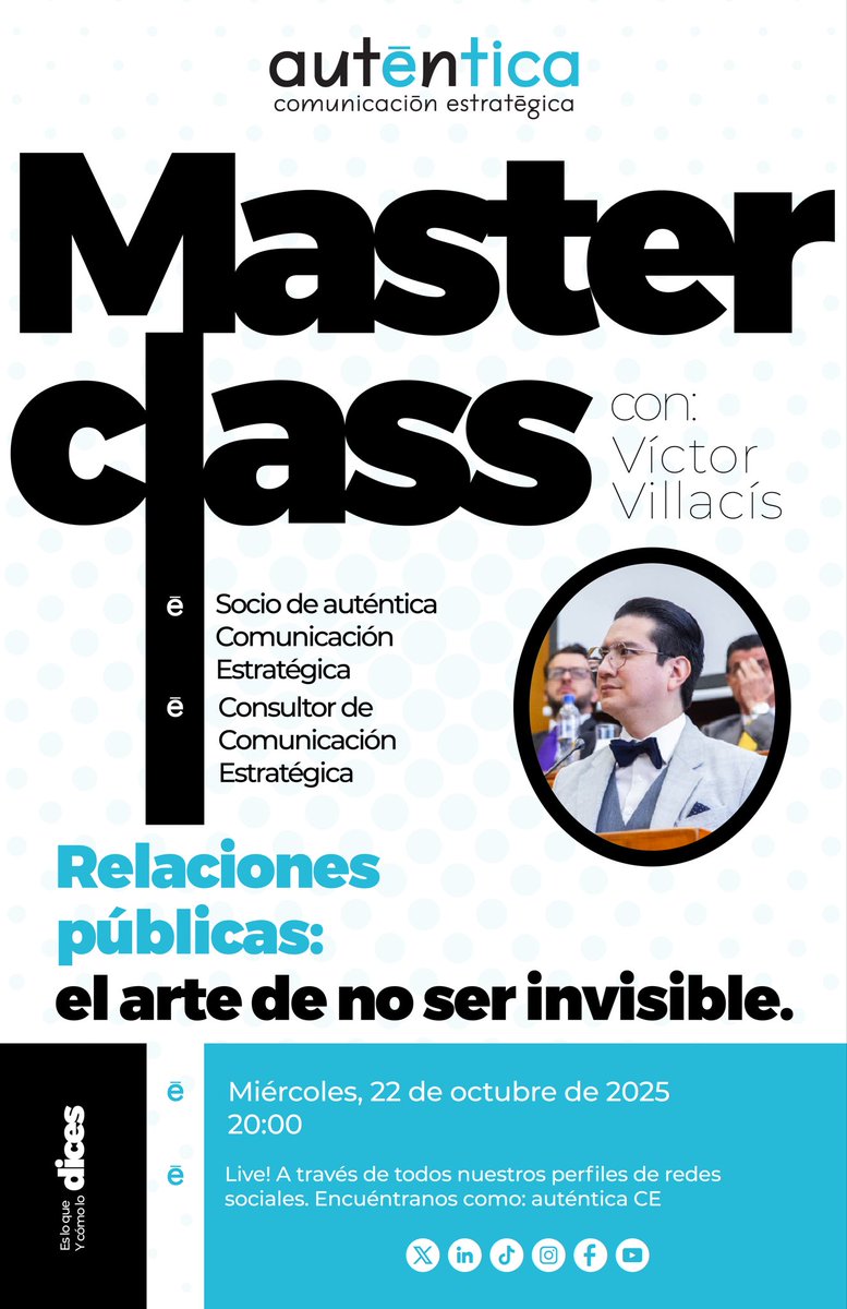 autenticace's tweet photo. 🤔💬 ¿Qué dice tu marca (empresarial o personal) en su primera cita con el mundo? ¿Cae bien? ¿Conecta? ¿La quieren volver a ver… o la dejan en visto?😱

🤝 Junto a @vikvang, acompáñanos en una nueva Masterclass de #auténticaCE para descubrir el verdadero poder de las Relaciones Públicas: construir reputación, generar confianza y crear vínculos que perduren. 🙌

📍 Transmisión en vivo por todas nuestras redes sociales
⏰ Miércoles, 22 de octubre | 20:00