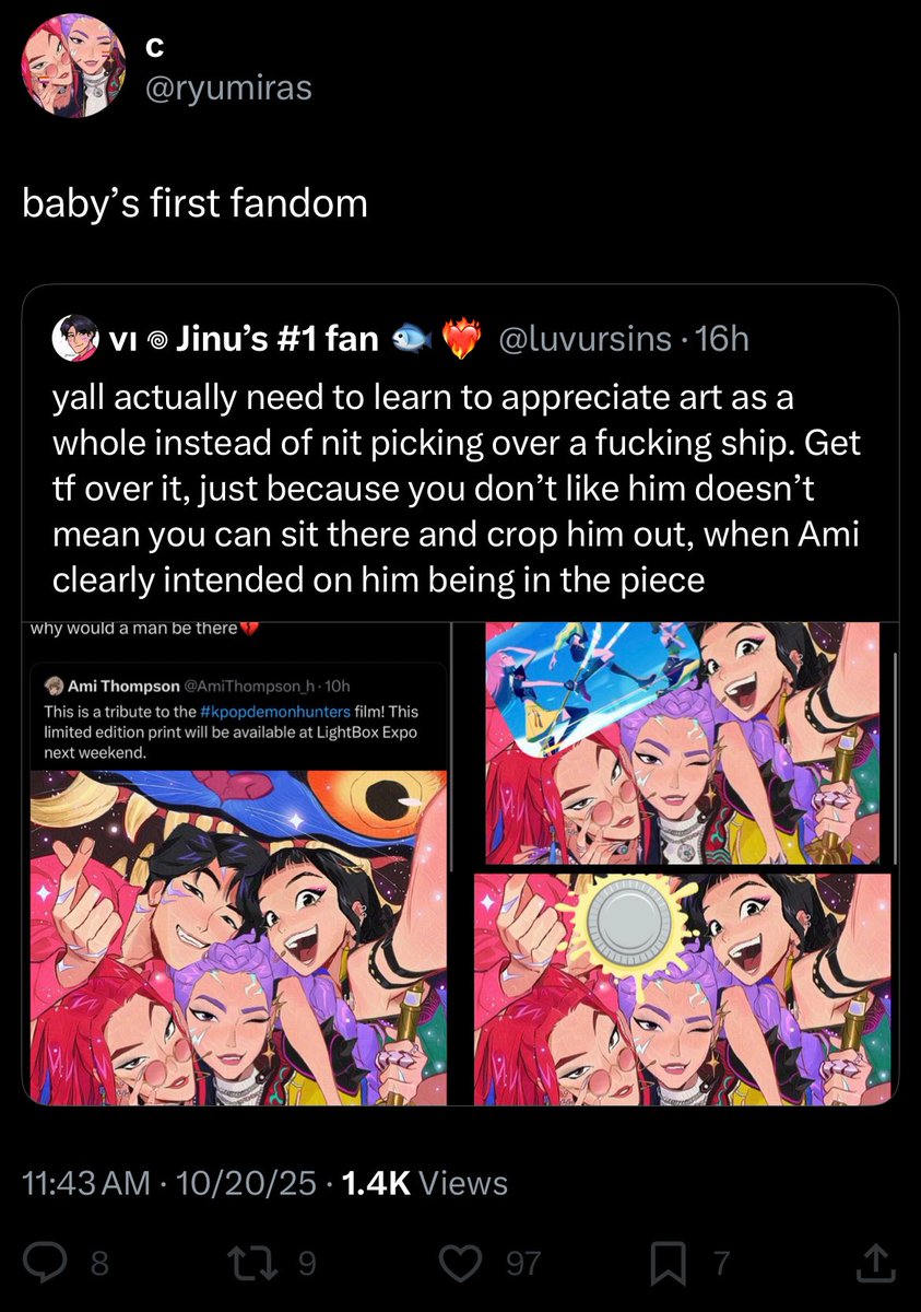 so do you disrespect artists in all your fandoms then? because no one cares if you like jinu or not but going into other peoples spaces to make such a big deal about this and to go and disrespect artwork is NOT proper fandom etiquette.