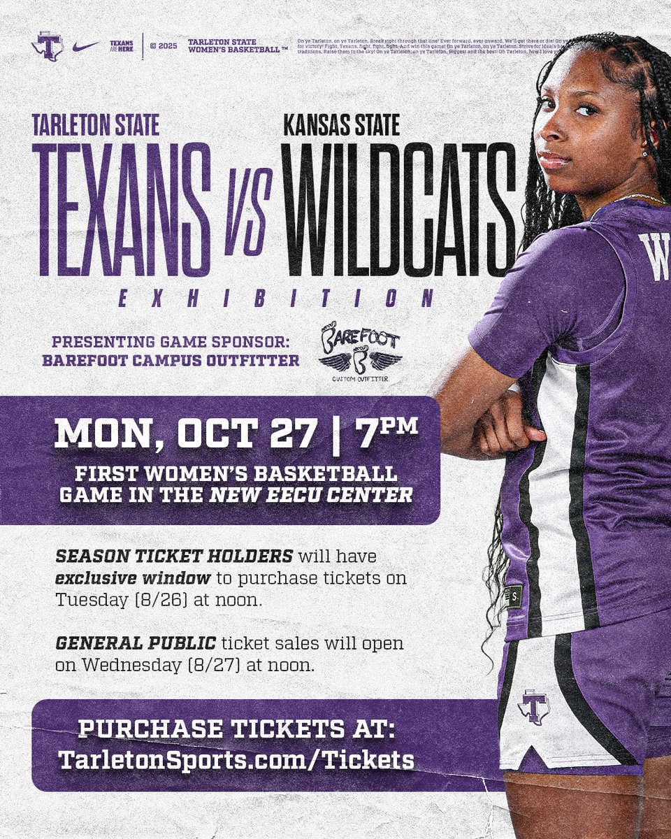 A week from today, we play our 𝐟𝐢𝐫𝐬𝐭 𝐞𝐯𝐞𝐫 game at the EECU Center! 🙌

Join us for a night of family and fun as we take on K-State! 

🎟️| tinyurl.com/mtwkhdet
