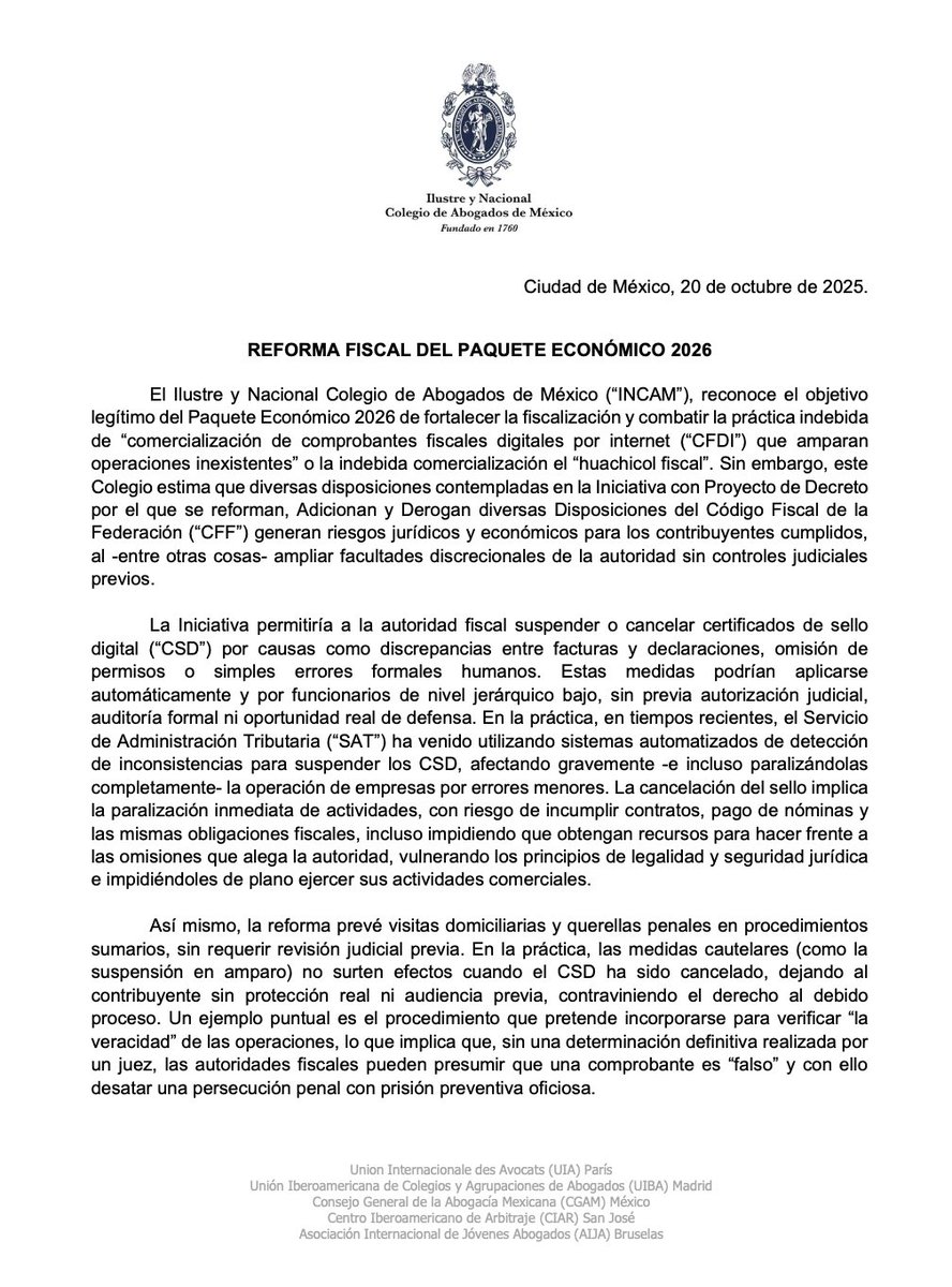INCAM_Abogados's tweet photo. El #INCAM alerta 🚨: la #ReformasFiscal 2026 amplían facultades sin control judicial.

La modernización no debe ir contra los derechos de los contribuyentes. https://t.co/eD53vn6Hot