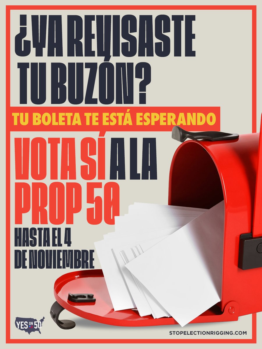 ¡Evita las filas y vota temprano!

Votar por correo es tan fácil como el 1, 2, 3.

1️⃣ Revisa tu buzón y encuentra tu boleta
2️⃣ Vota sí a la Prop 50 y FÍRMALA
3️⃣ Sella tu boleta y mandala antes del 4 de noviembre - no necesita estampilla