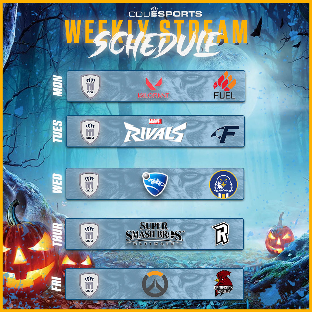 This weeks Stream Schedule 👻🎃
.
.
#oduesports #overwatch #smashbros #valorant #collegiateesports #rocketleague #marvelrivals