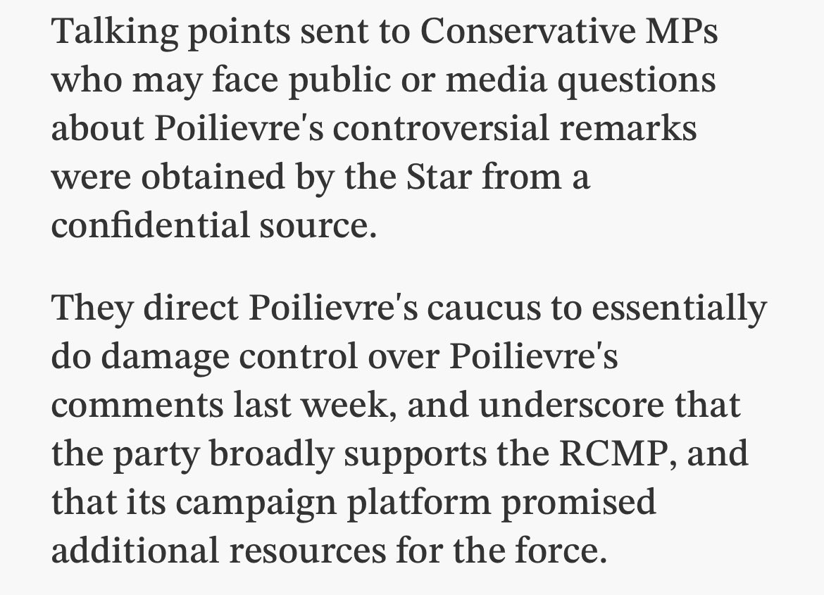 “Under fire over Conservative Leader Pierre Poilievre's criticism of the RCMP senior leadership as ‘despicable,’ the Opposition leader's office instructed Conservative MPs on Monday to reinforce a more positive message about the nation's police force.”

thestar.com/politics/feder…