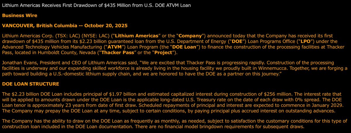 ErickQuay's tweet photo. $LAC gets first $435M draw from DOE’s $2.23B ATVM loan for Thacker Pass. 0% spread over UST, ~23-yr term; amortization starts Jan ’29. Monthly draws allowed, no model bring-down. Step toward a U.S. lithium supply chain. #lithium #EVs #DOE #ATVM #ThackerPass https://t.co/MG2haTx4Ll