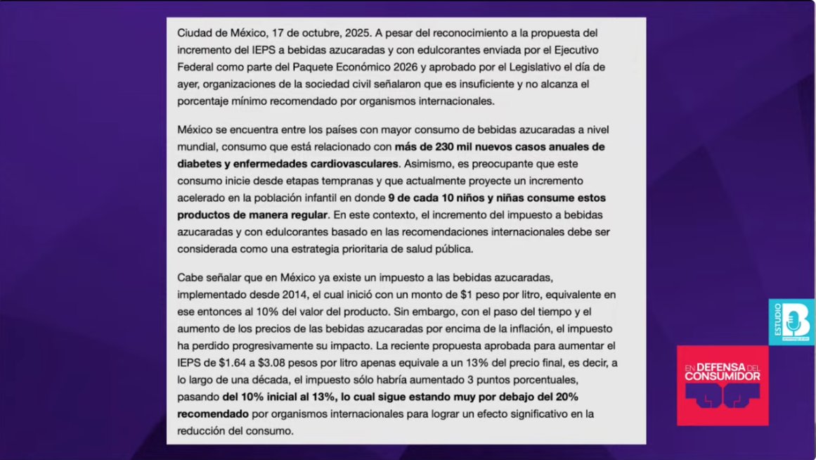 SinEmbargoMX's tweet image. 🔴 #EnVivo ¬ #EnDefensaDelConsumidor

La Alianza por la Salud Alimentaria advierte que el aumento al impuesto de bebidas azucaradas es insuficiente.
Señalan que está muy por debajo del 20 % del precio final recomendado por organismos internacionales 

youtube.com/watch?v=ZB-llD…